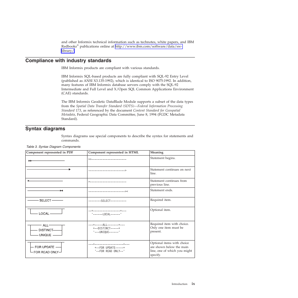 Compliance with industry standards, Syntax diagrams | IBM GC23-7753-05 User Manual | Page 11 / 56