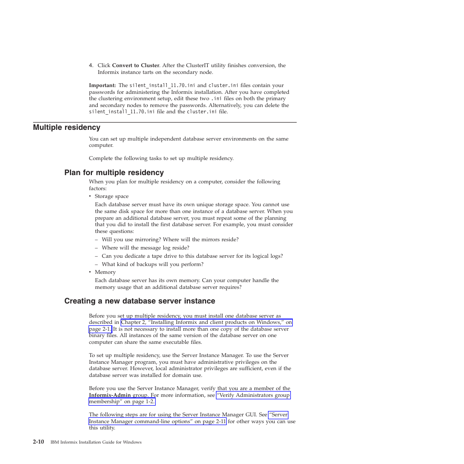 Multiple residency, Plan for multiple residency, Creating a new database server instance | IBM GC23-7753-05 User Manual | Page 30 / 56