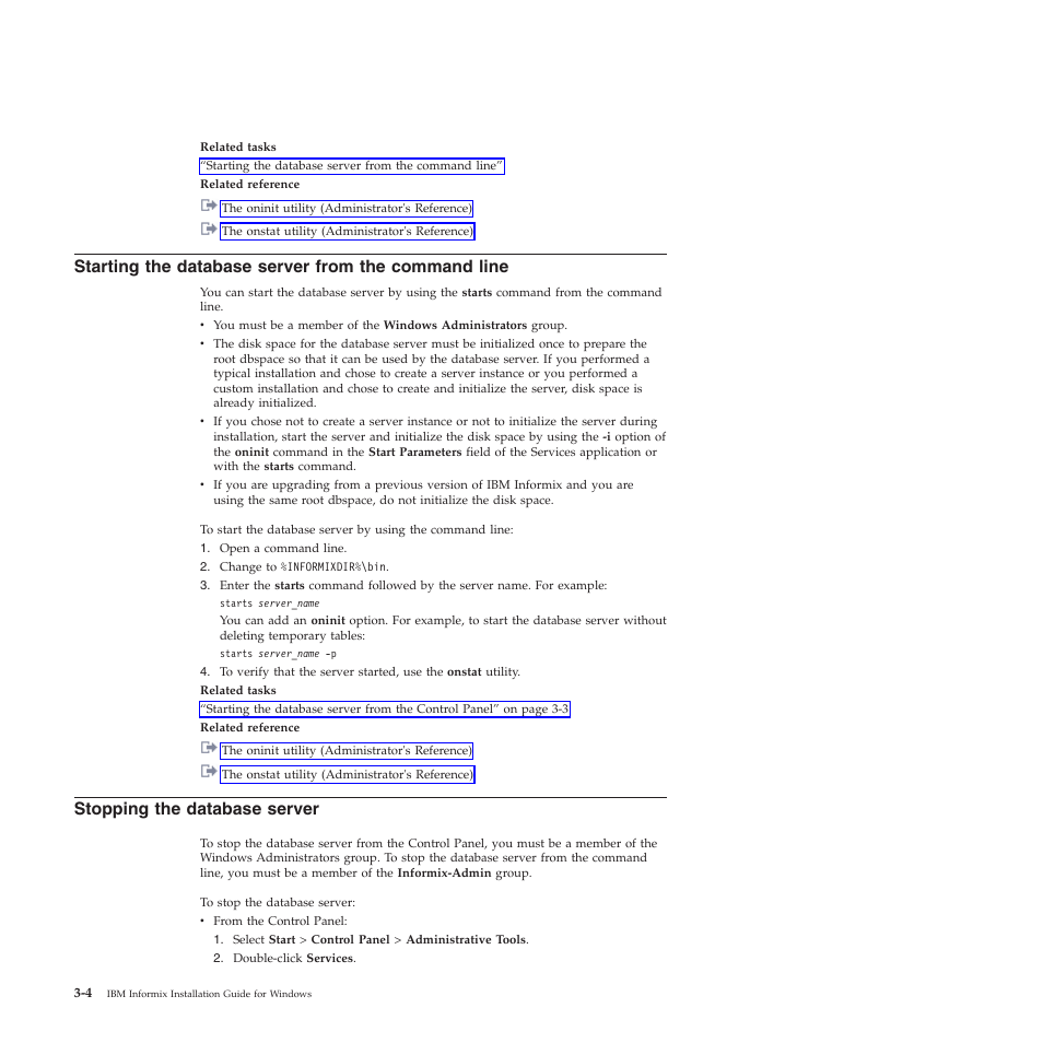 Starting the database server from the command line, Stopping the database server | IBM GC23-7753-05 User Manual | Page 36 / 56