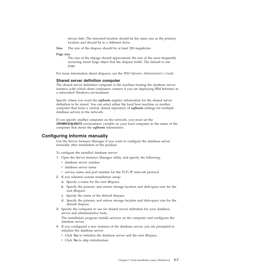 Shared server definition computer, Configuring informix manually | IBM GC23-7753-05 User Manual | Page 39 / 56
