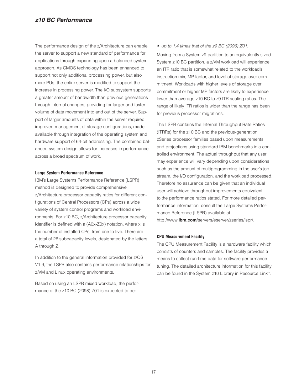 Z10 bc performance | IBM Z10 BUISNESS CLASS Z10 BC User Manual | Page 17 / 67