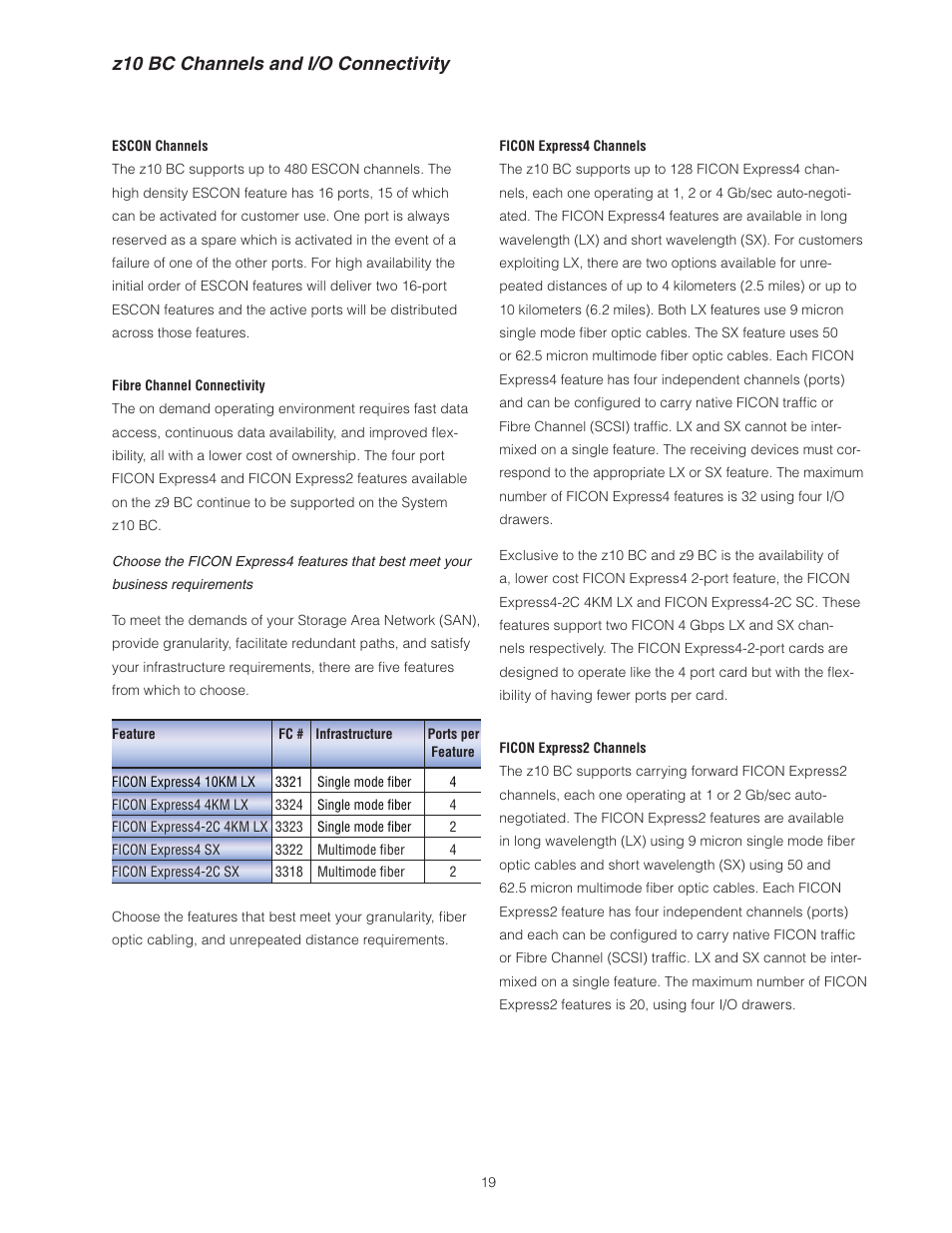 Z10 bc channels and i/o connectivity | IBM Z10 BUISNESS CLASS Z10 BC User Manual | Page 19 / 67