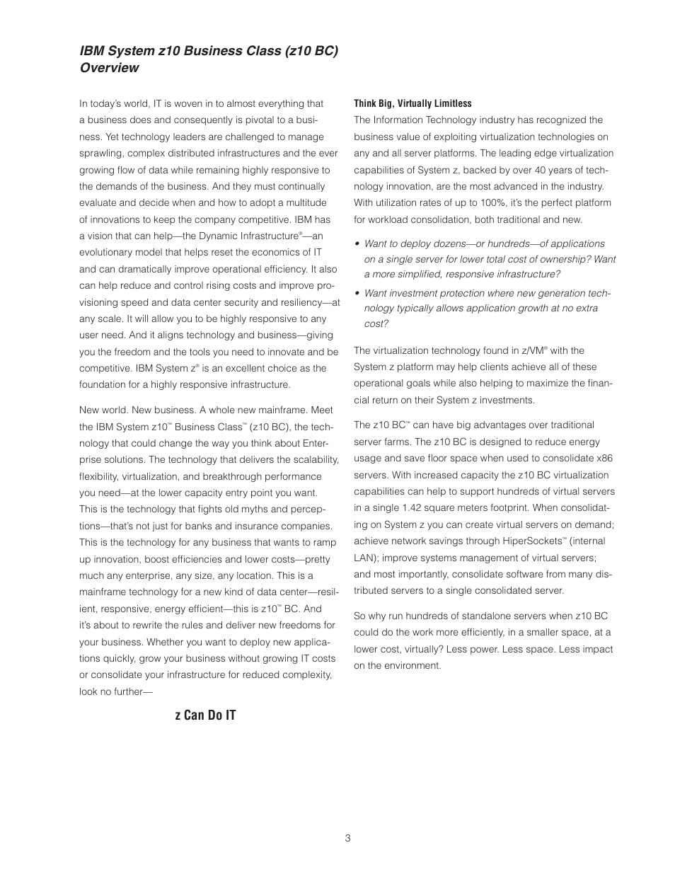Ibm system z10 business class (z10 bc) overview, Z can do it | IBM Z10 BUISNESS CLASS Z10 BC User Manual | Page 3 / 67