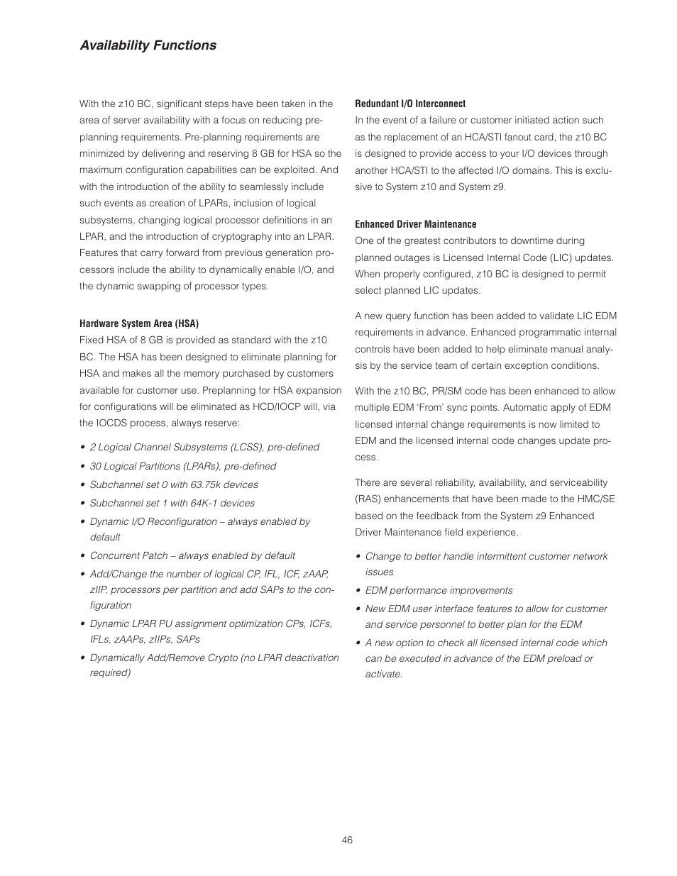 Availability functions | IBM Z10 BUISNESS CLASS Z10 BC User Manual | Page 46 / 67