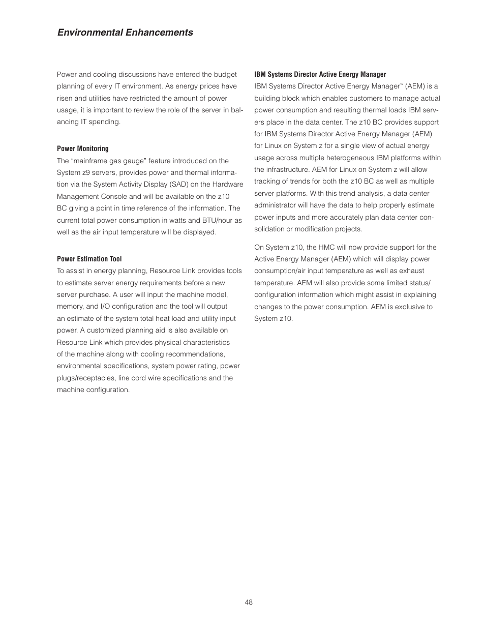Environmental enhancements | IBM Z10 BUISNESS CLASS Z10 BC User Manual | Page 48 / 67