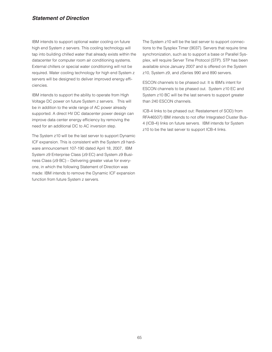 Statement of direction | IBM Z10 BUISNESS CLASS Z10 BC User Manual | Page 65 / 67