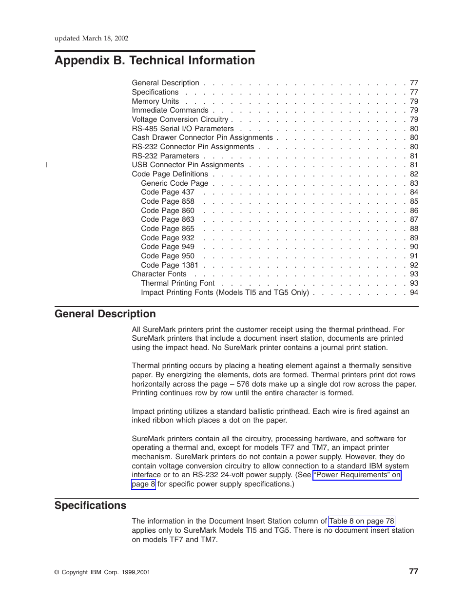 Appendix b. technical information, General description, Specifications | Appendix b, “technical information | IBM TM7 User Manual | Page 101 / 210