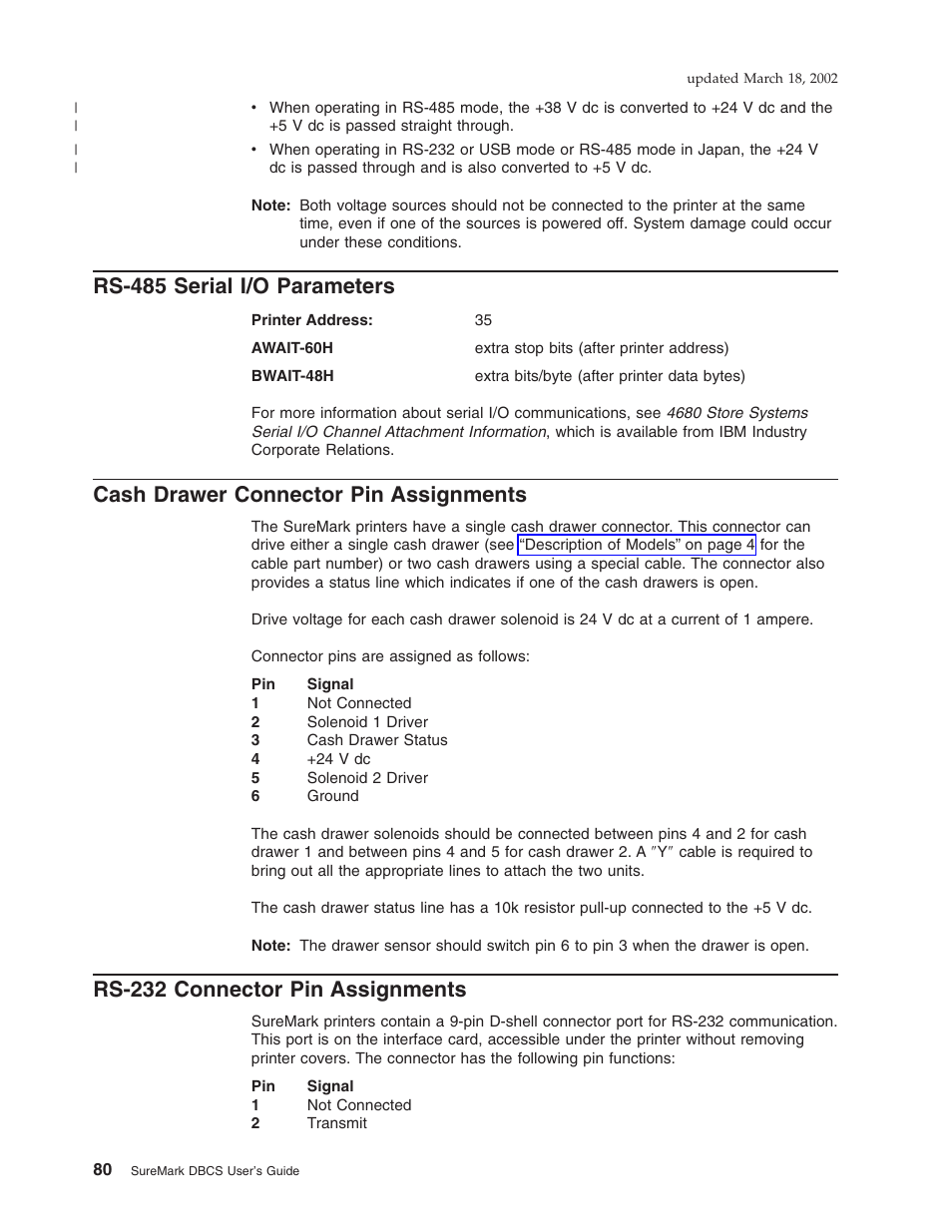 Rs-485 serial i/o parameters, Cash drawer connector pin assignments, Rs-232 connector pin assignments | IBM TM7 User Manual | Page 104 / 210