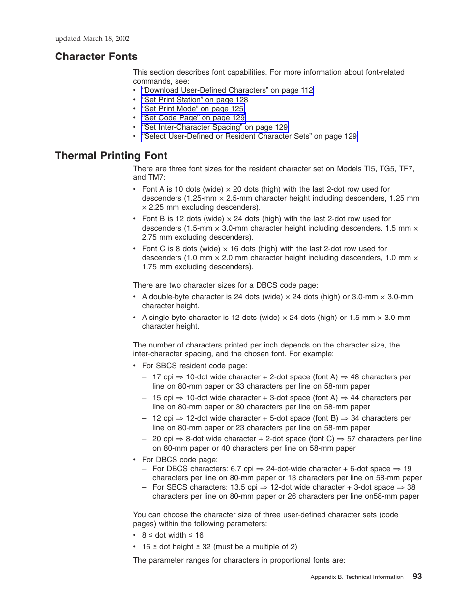 Character fonts, Thermal printing font | IBM TM7 User Manual | Page 117 / 210