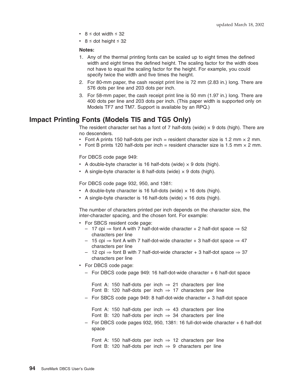 Impact printing fonts (models ti5 and tg5 only) | IBM TM7 User Manual | Page 118 / 210