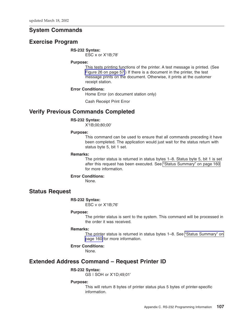 System commands, Exercise program, Verify previous commands completed | Status request, Extended address command – request printer id, System commands exercise program | IBM TM7 User Manual | Page 131 / 210