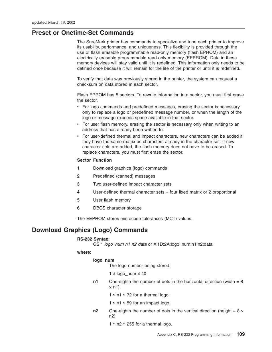 Preset or onetime-set commands, Download graphics (logo) commands | IBM TM7 User Manual | Page 133 / 210