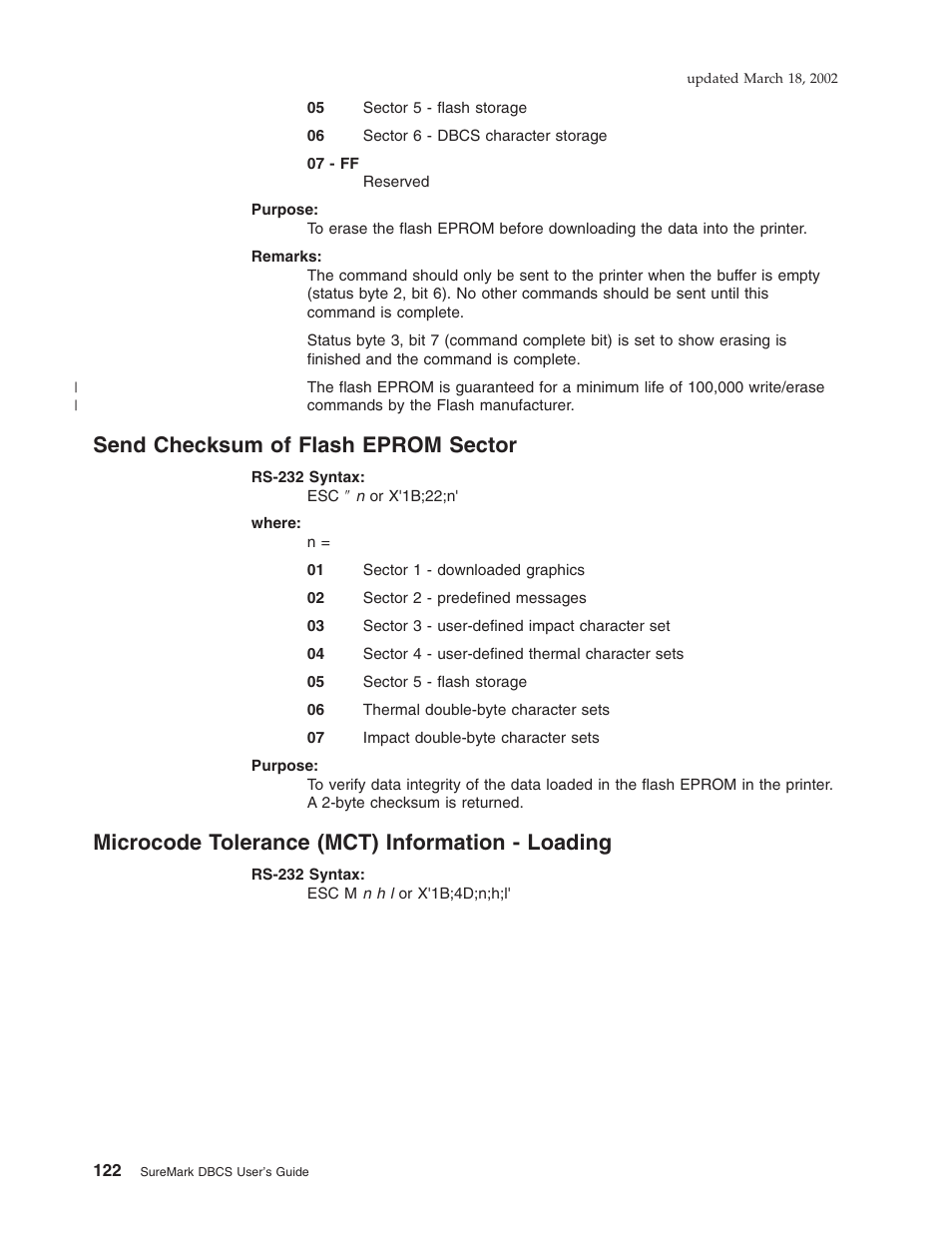 Send checksum of flash eprom sector, Microcode tolerance (mct) information - loading | IBM TM7 User Manual | Page 146 / 210