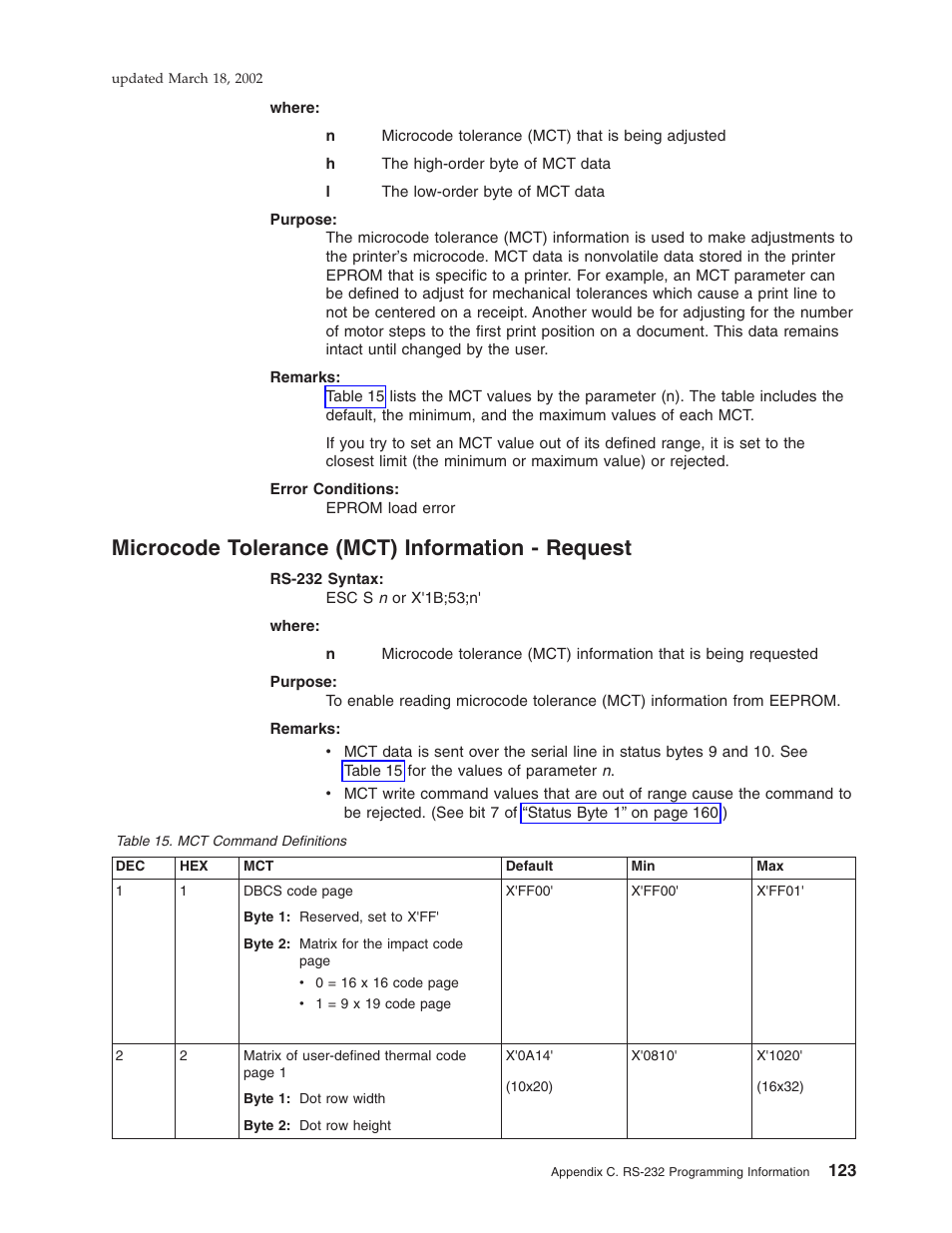 Microcode tolerance (mct) information - request, Mct command definitions | IBM TM7 User Manual | Page 147 / 210