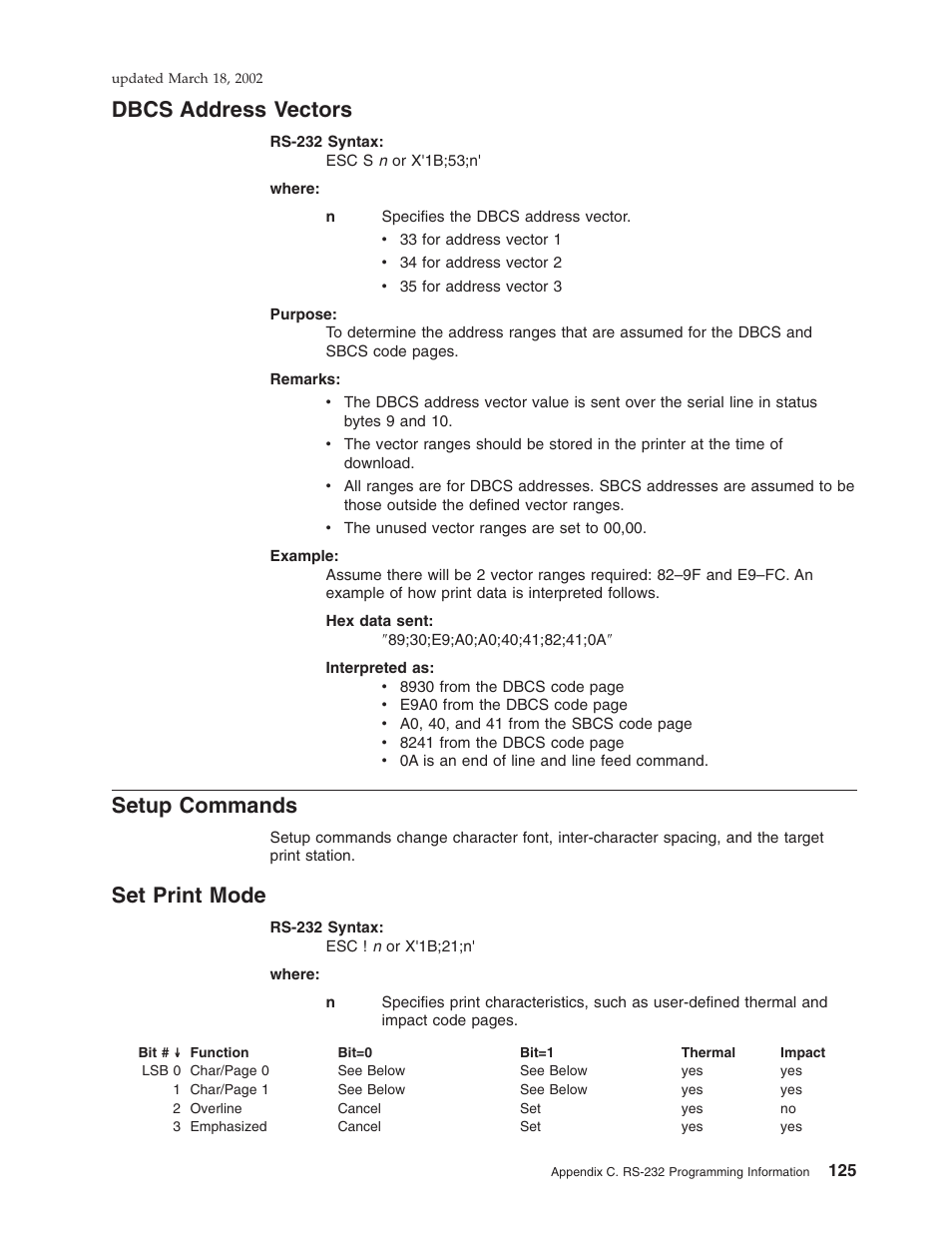 Dbcs address vectors, Setup commands, Set print mode | IBM TM7 User Manual | Page 149 / 210