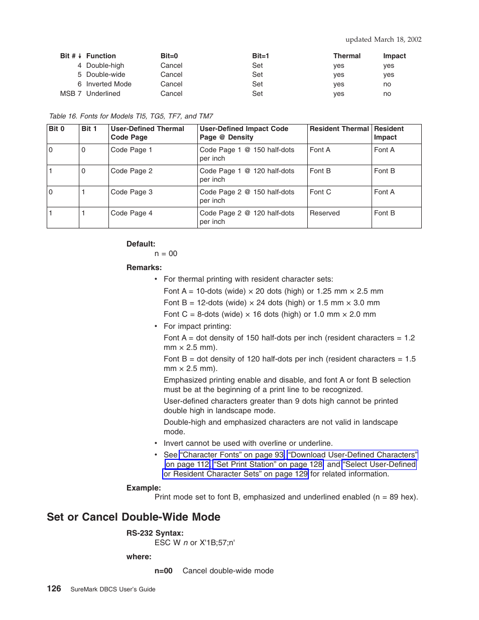 Set or cancel double-wide mode, Fonts for models ti5, tg5, tf7, and tm7 | IBM TM7 User Manual | Page 150 / 210