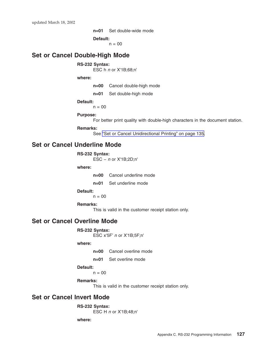 Set or cancel double-high mode, Set or cancel underline mode, Set or cancel overline mode | Set or cancel invert mode | IBM TM7 User Manual | Page 151 / 210