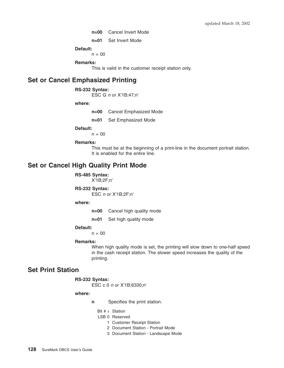 Set or cancel emphasized printing, Set or cancel high quality print mode, Set print station | IBM TM7 User Manual | Page 152 / 210