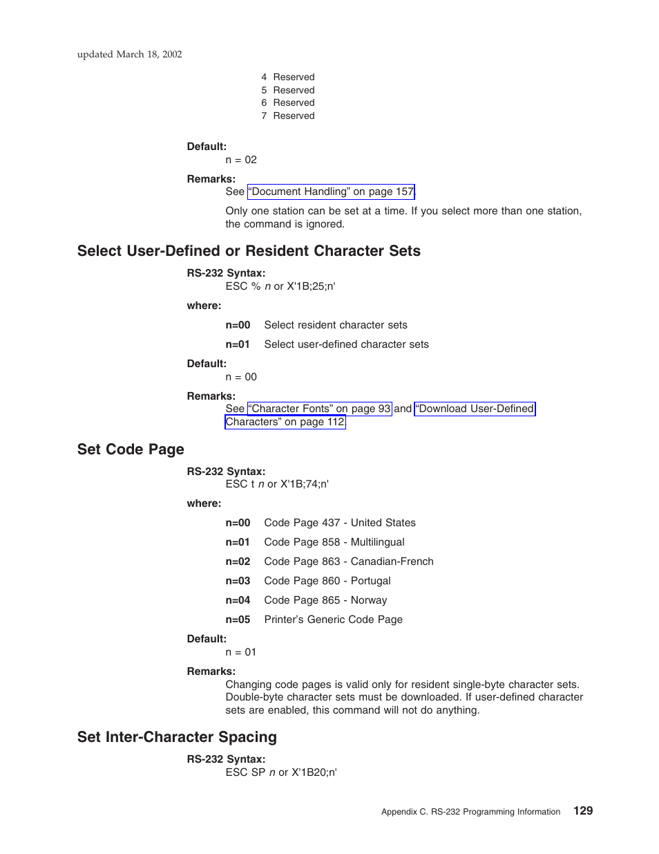 Select user-defined or resident character sets, Set inter-character spacing, Select user-defined | Set code page | IBM TM7 User Manual | Page 153 / 210