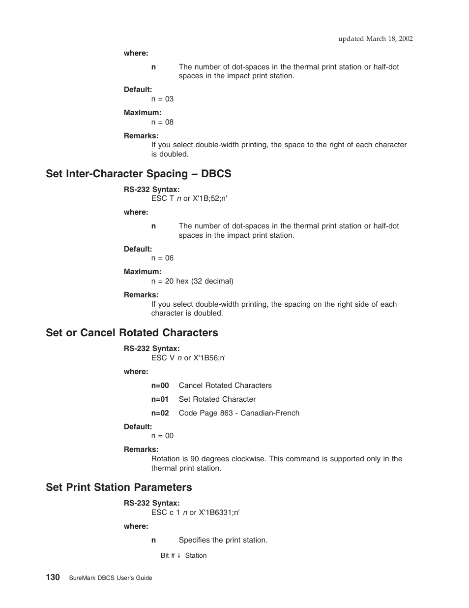 Set inter-character spacing – dbcs, Set or cancel rotated characters, Set print station parameters | IBM TM7 User Manual | Page 154 / 210