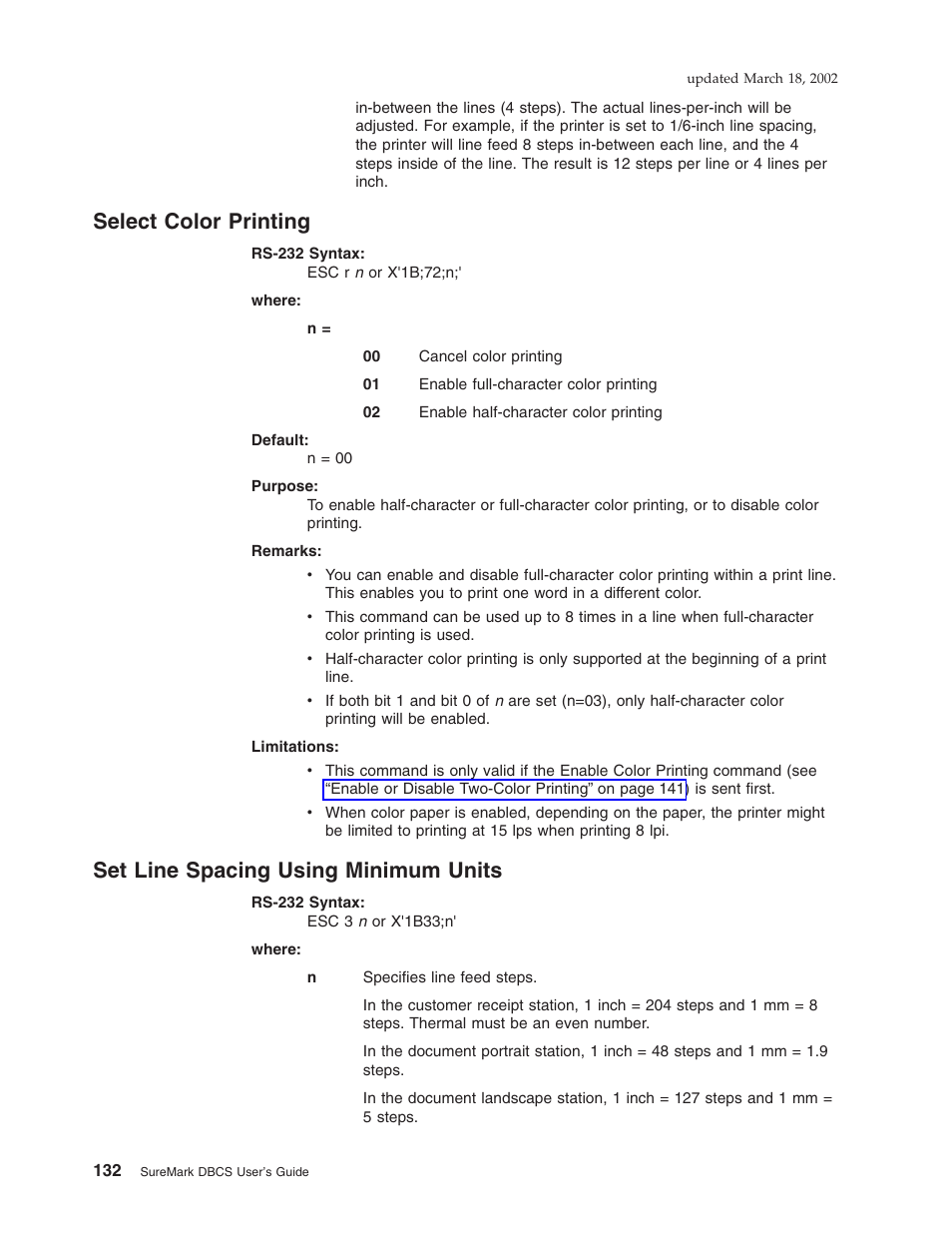 Select color printing, Set line spacing using minimum units | IBM TM7 User Manual | Page 156 / 210