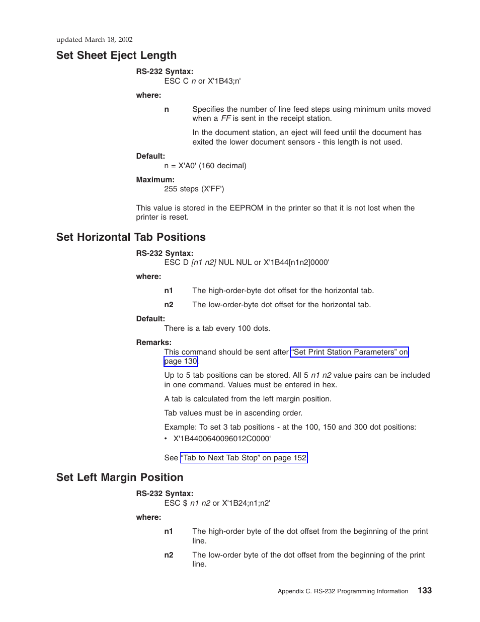 Set sheet eject length, Set horizontal tab positions, Set left margin position | IBM TM7 User Manual | Page 157 / 210