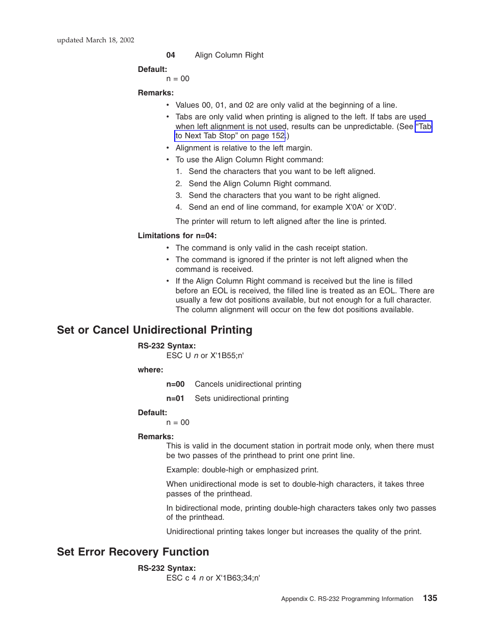 Set or cancel unidirectional printing, Set error recovery function | IBM TM7 User Manual | Page 159 / 210