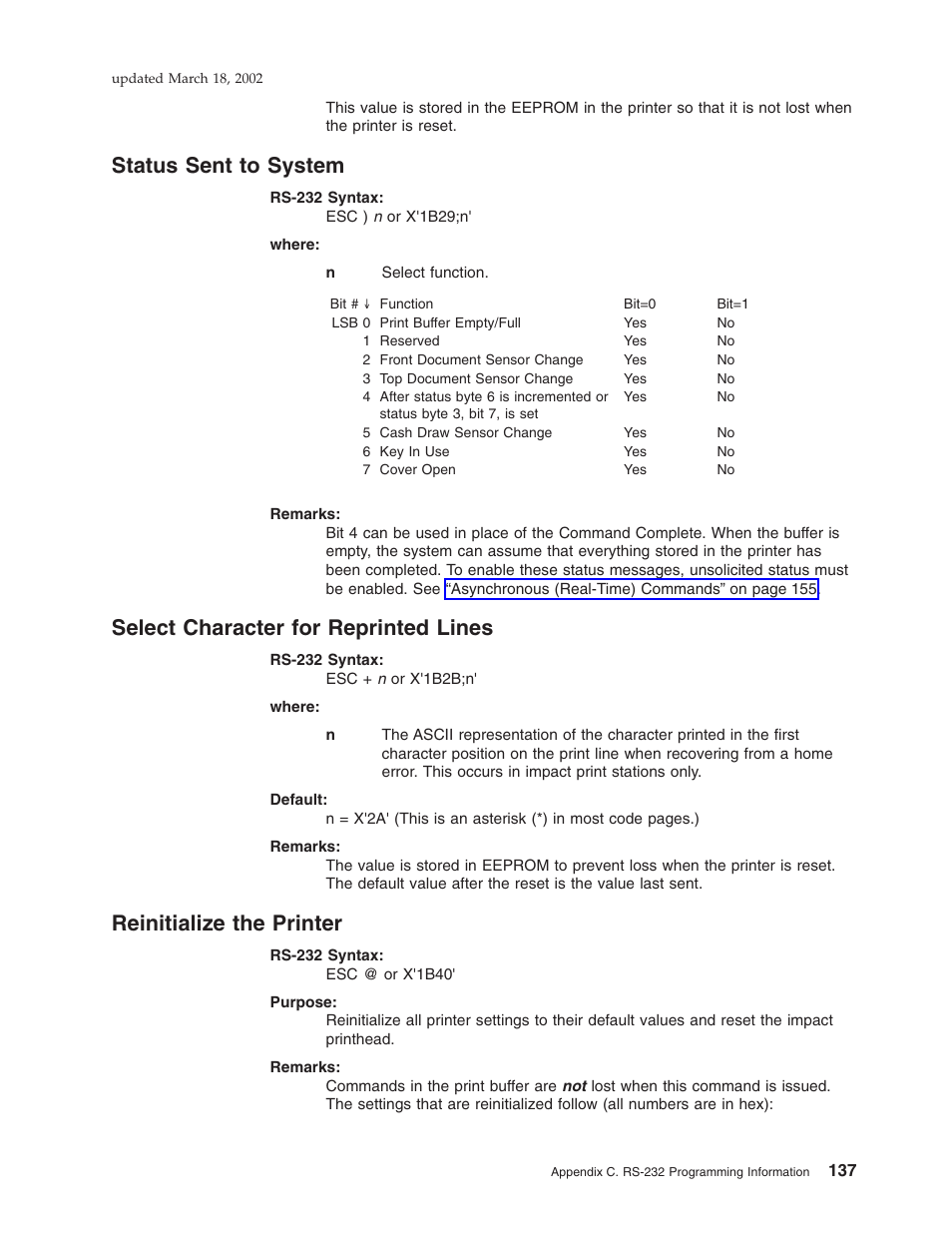 Status sent to system, Select character for reprinted lines, Reinitialize the printer | IBM TM7 User Manual | Page 161 / 210