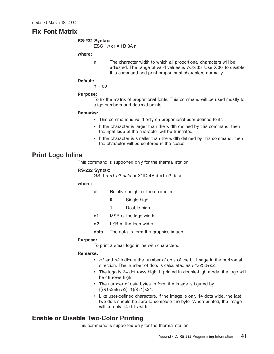 Fix font matrix, Print logo inline, Enable or disable two-color printing | IBM TM7 User Manual | Page 165 / 210