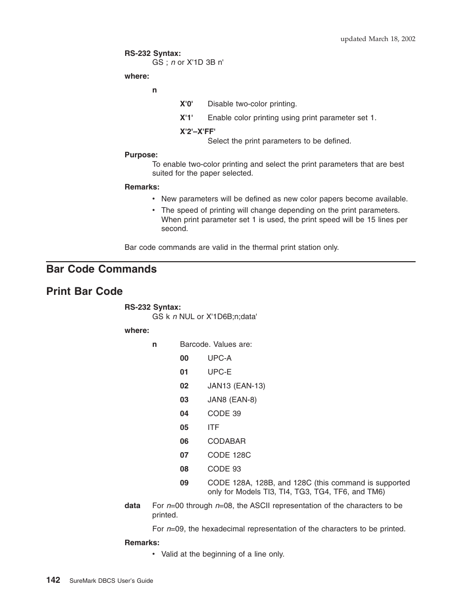 Bar code commands, Print bar code, Bar code commands print bar code | IBM TM7 User Manual | Page 166 / 210