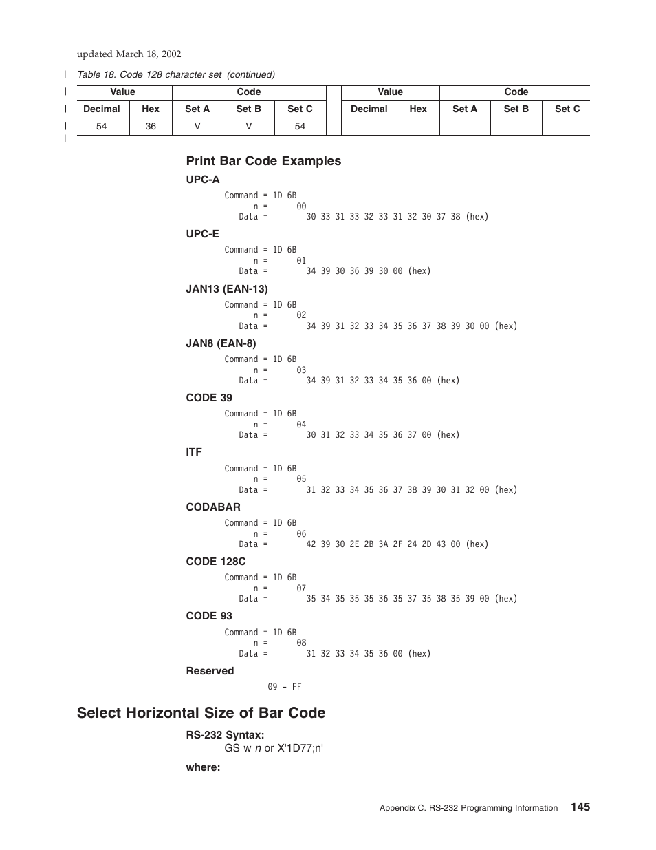 Print bar code examples, Select horizontal size of bar code | IBM TM7 User Manual | Page 169 / 210