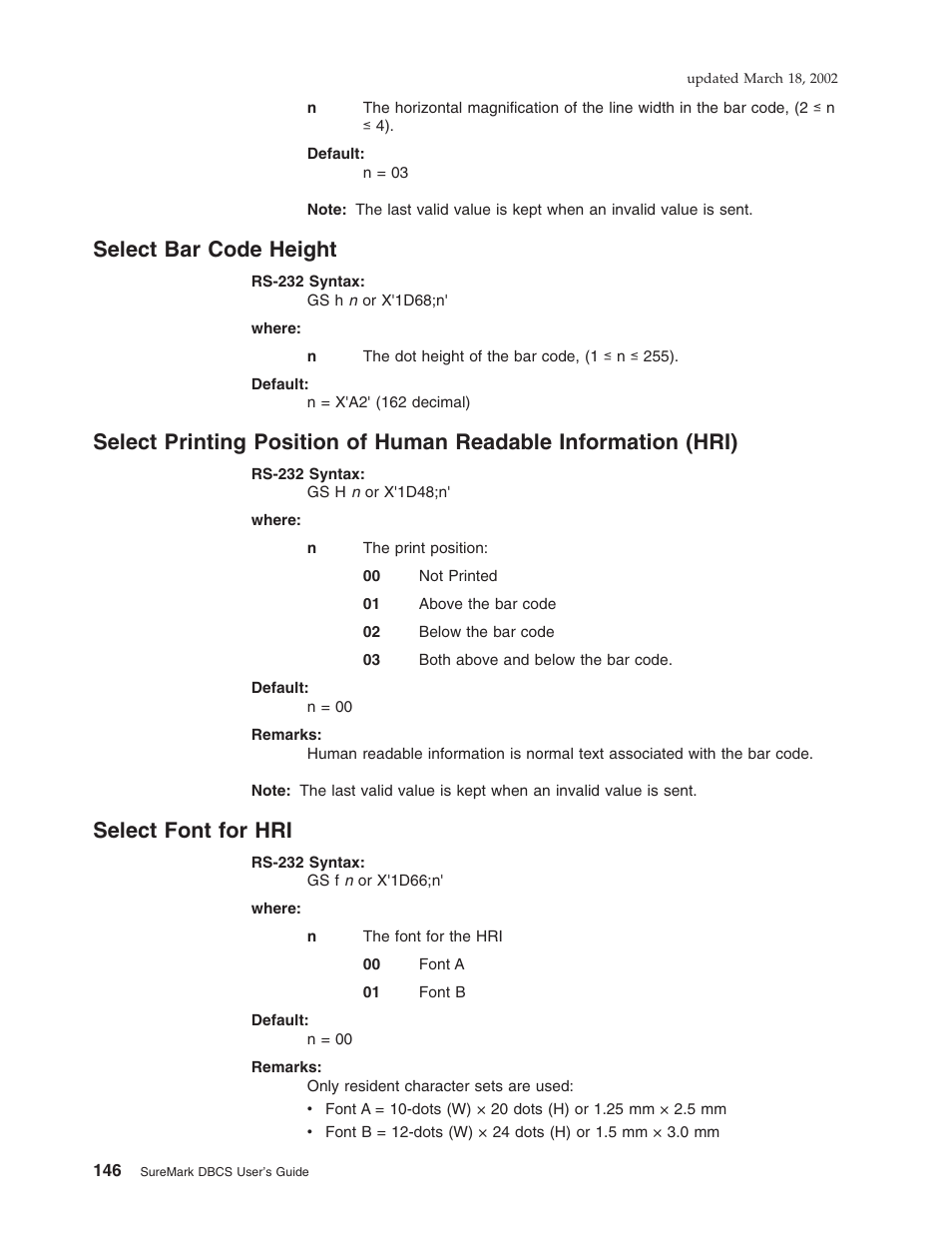 Select bar code height, Select font for hri | IBM TM7 User Manual | Page 170 / 210