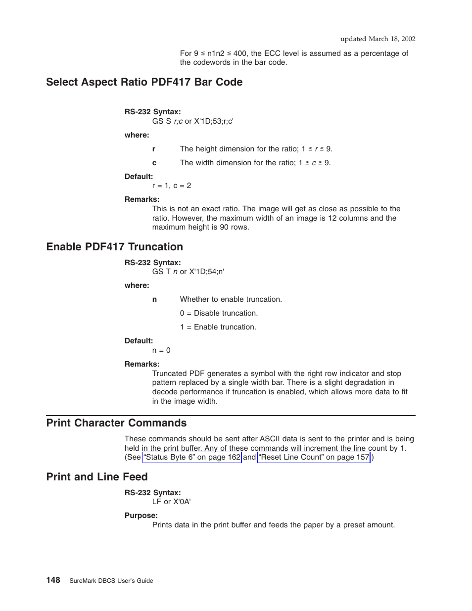 Select aspect ratio pdf417 bar code, Enable pdf417 truncation, Print character commands | Print and line feed | IBM TM7 User Manual | Page 172 / 210