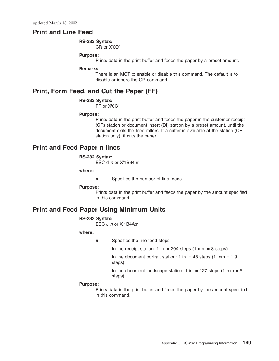 Print and line feed, Print, form feed, and cut the paper (ff), Print and feed paper n lines | Print and feed paper using minimum units | IBM TM7 User Manual | Page 173 / 210