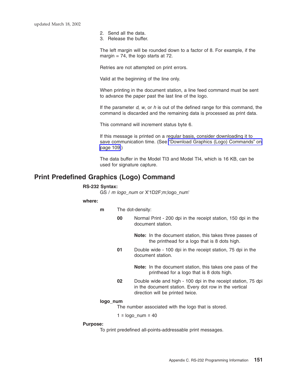 Print predefined graphics (logo) command | IBM TM7 User Manual | Page 175 / 210