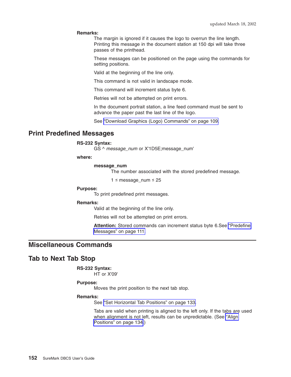 Print predefined messages, Miscellaneous commands, Tab to next tab stop | Miscellaneous commands tab to next tab stop | IBM TM7 User Manual | Page 176 / 210