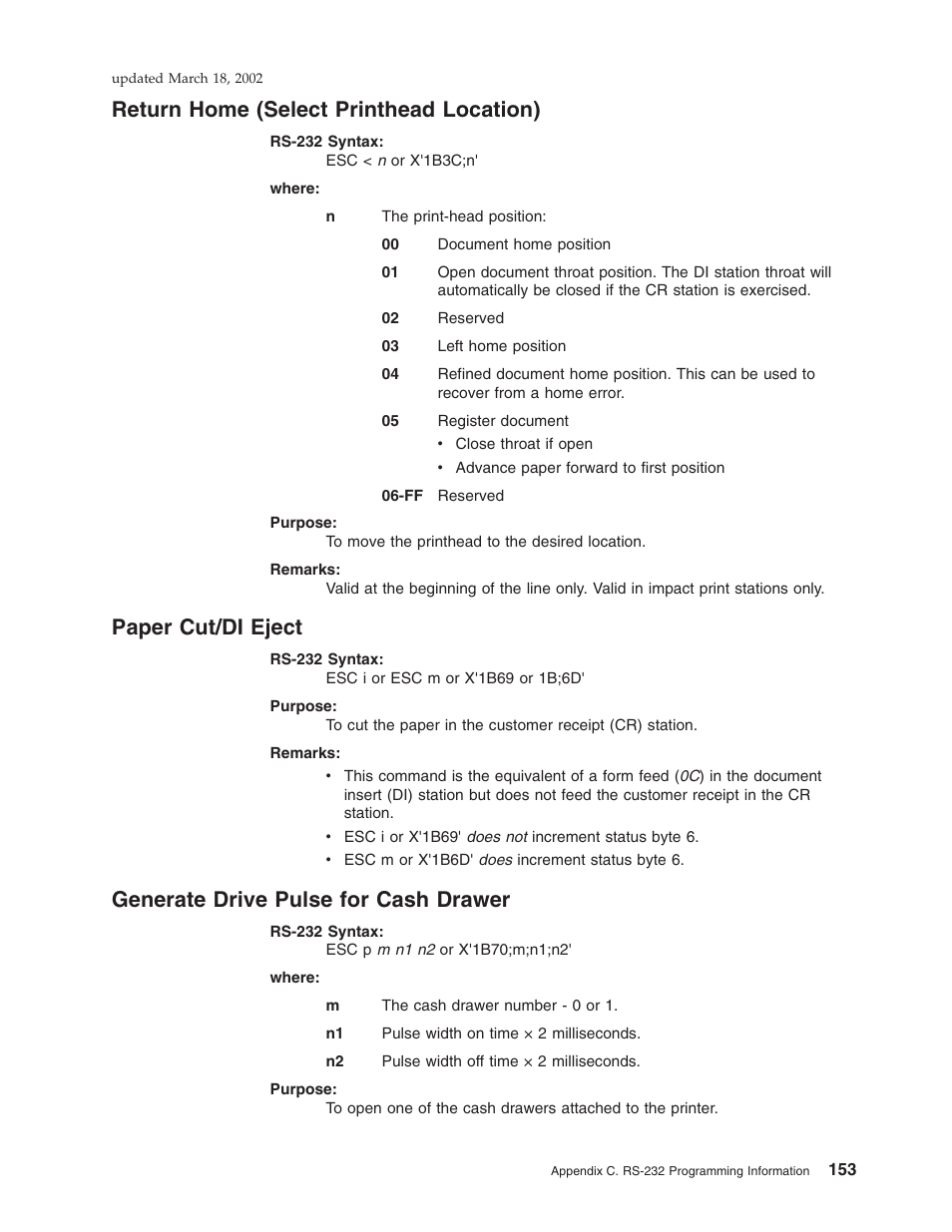 Return home (select printhead location), Paper cut/di eject, Generate drive pulse for cash drawer | IBM TM7 User Manual | Page 177 / 210