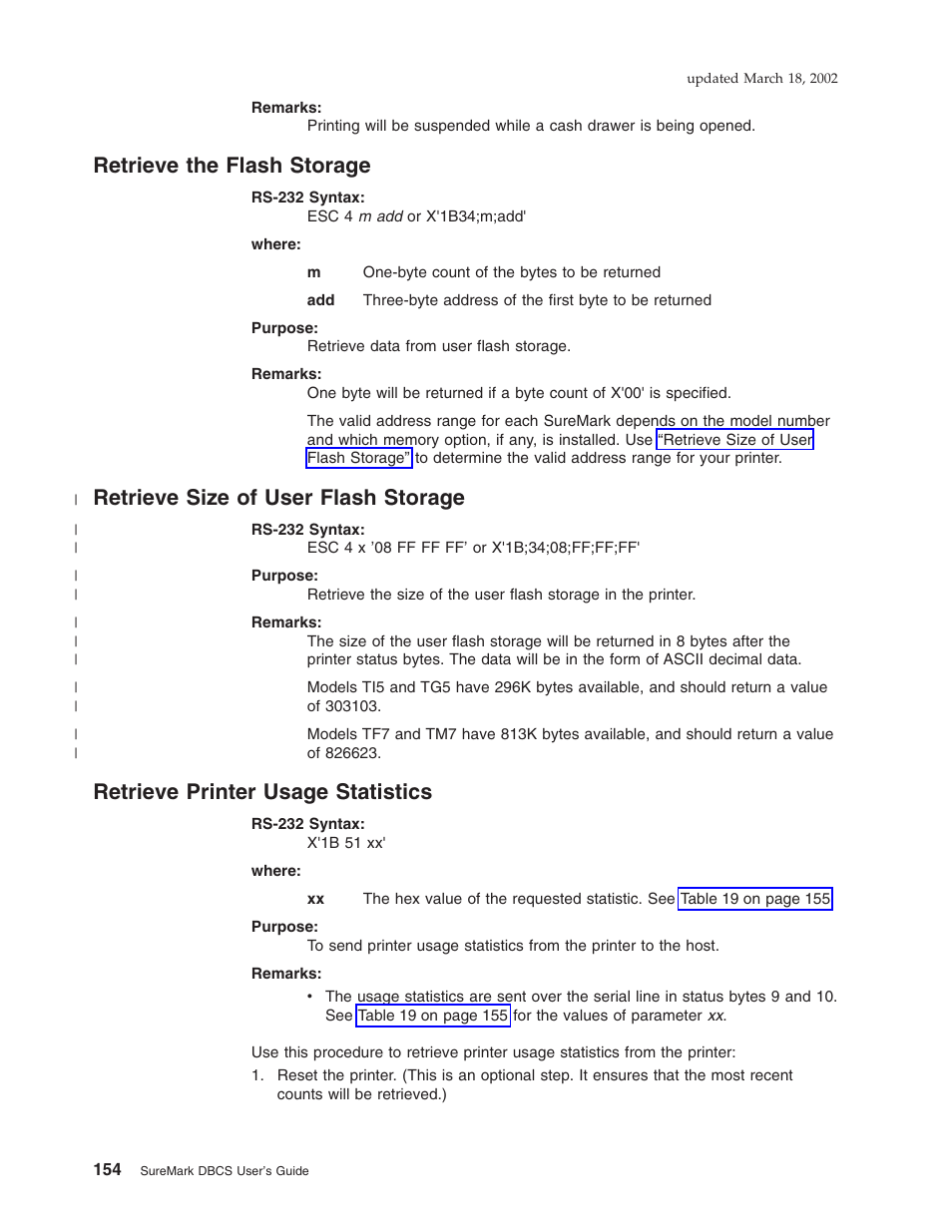 Retrieve the flash storage, Retrieve size of user flash storage, Retrieve printer usage statistics | IBM TM7 User Manual | Page 178 / 210