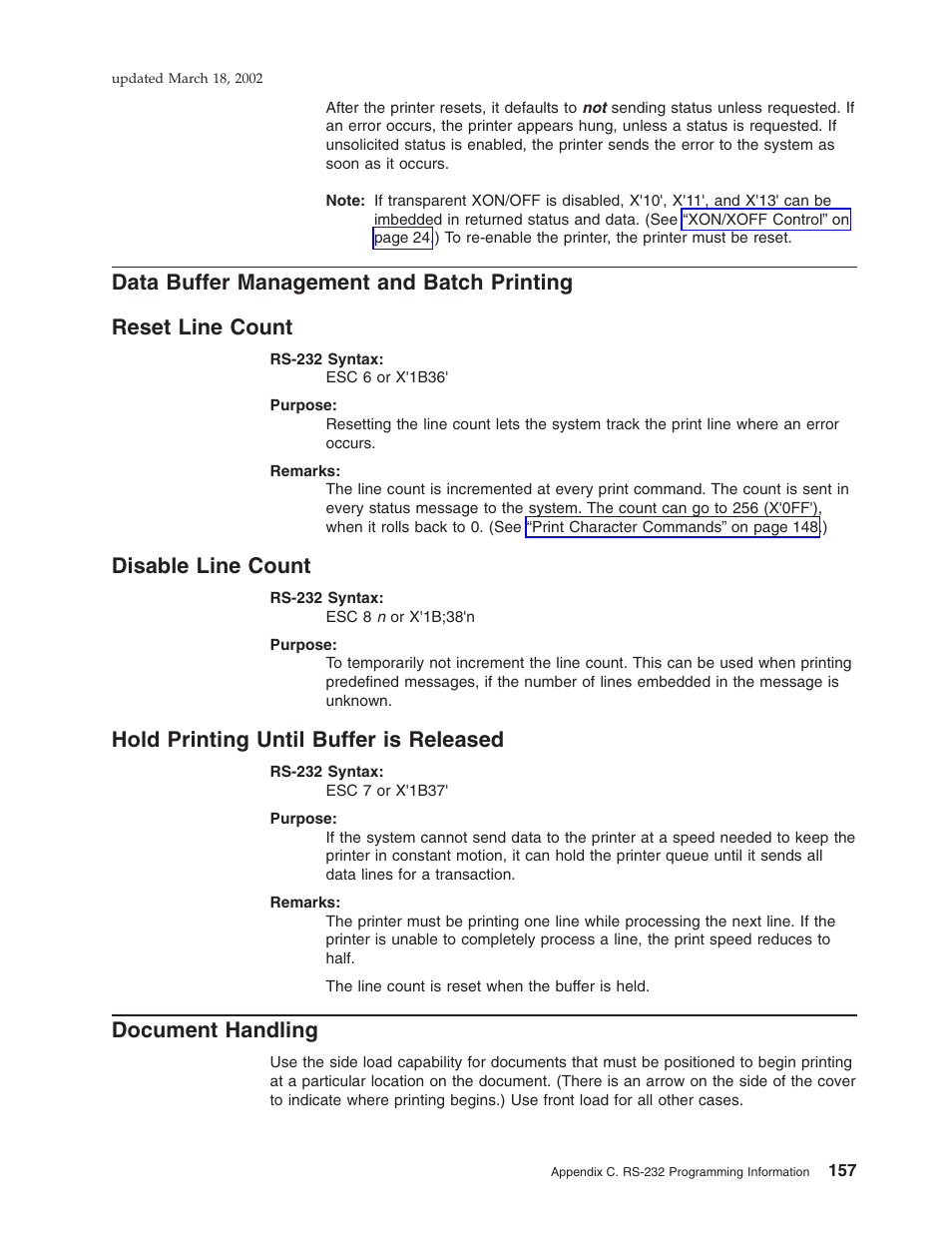 Data buffer management and batch printing, Reset line count, Disable line count | Hold printing until buffer is released, Document handling | IBM TM7 User Manual | Page 181 / 210