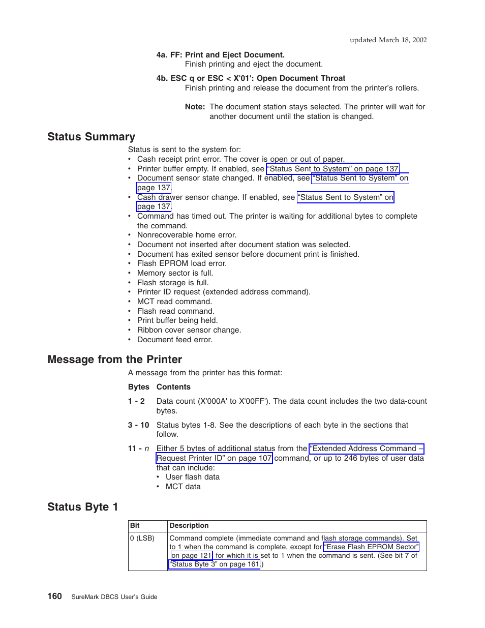 Status summary, Message from the printer, Status byte 1 | Status summary message from the printer | IBM TM7 User Manual | Page 184 / 210