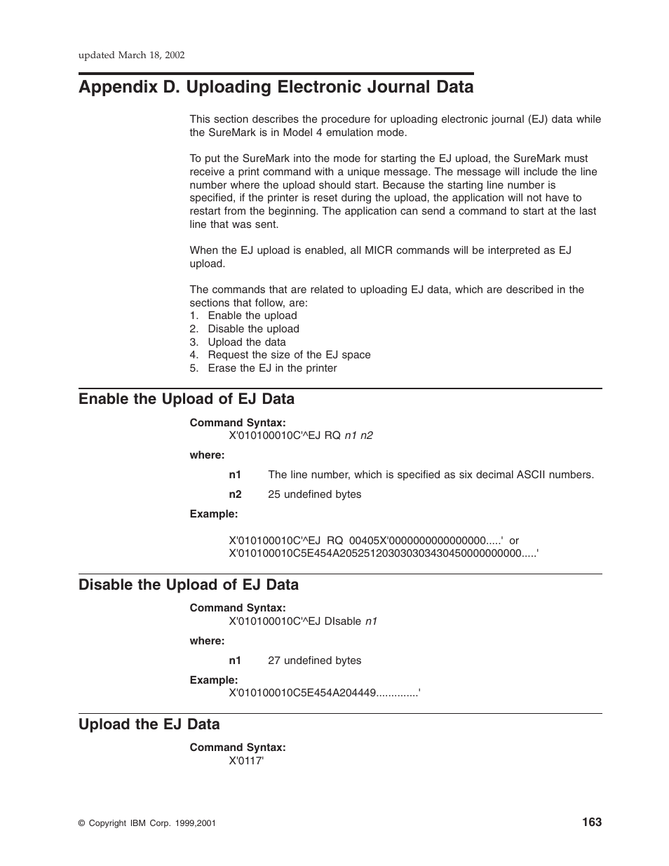 Appendix d. uploading electronic journal data, Enable the upload of ej data, Disable the upload of ej data | Upload the ej data, Appendix d, “uploading electronic journal data | IBM TM7 User Manual | Page 187 / 210