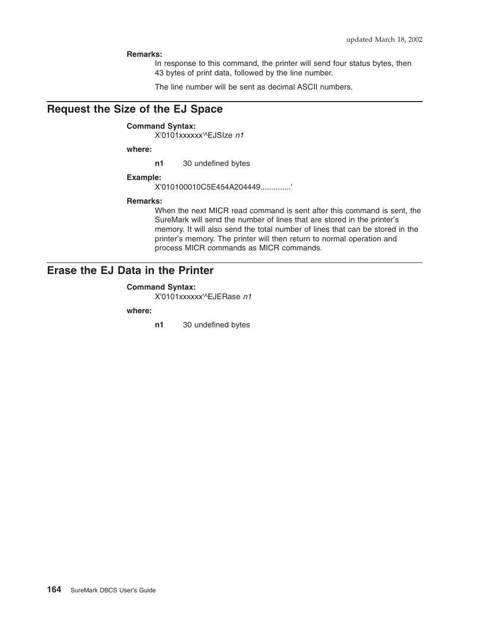 Request the size of the ej space, Erase the ej data in the printer | IBM TM7 User Manual | Page 188 / 210