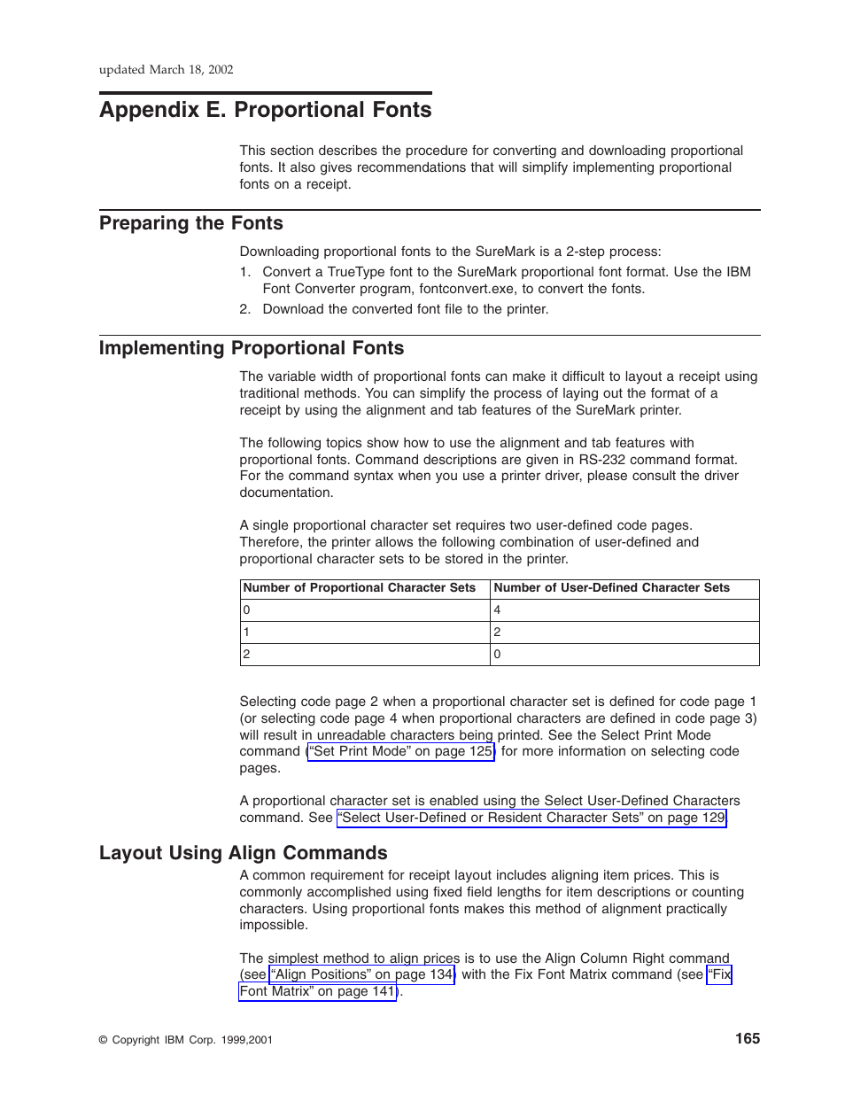 Appendix e. proportional fonts, Preparing the fonts, Implementing proportional fonts | Layout using align commands, Appendix e, “proportional fonts | IBM TM7 User Manual | Page 189 / 210