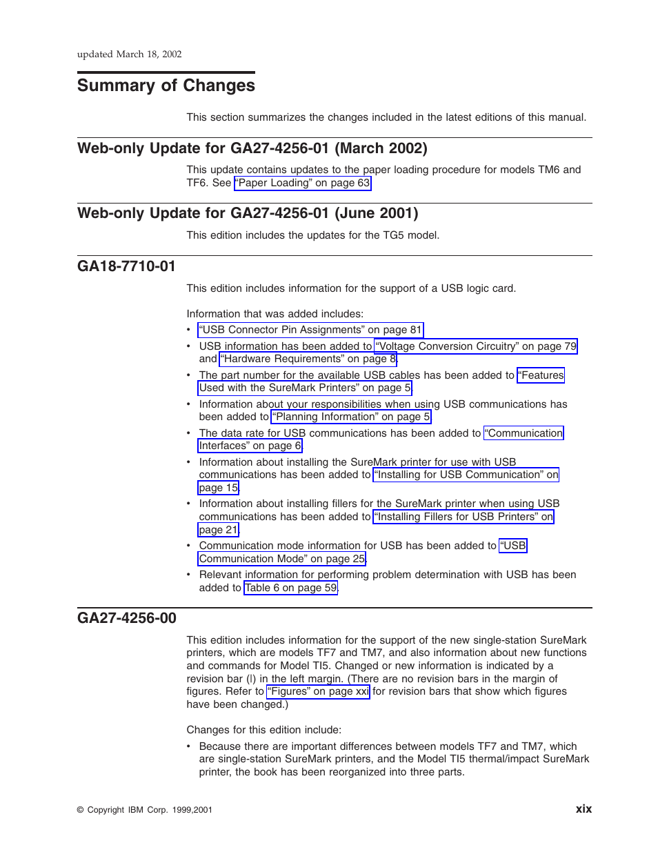 Summary of changes, Web-only update for ga27-4256-01 (march 2002), Web-only update for ga27-4256-01 (june 2001) | Ga18-7710-01, Ga27-4256-00 | IBM TM7 User Manual | Page 19 / 210