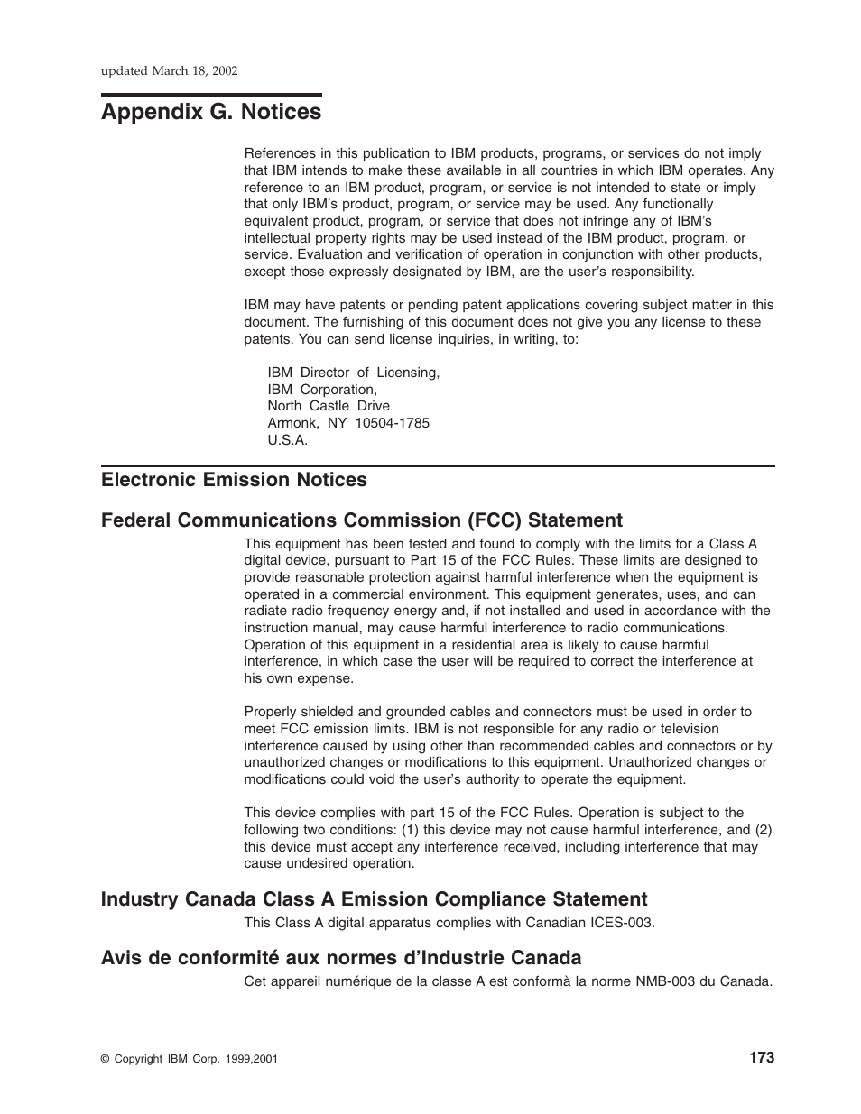 Appendix g. notices, Electronic emission notices, Federal communications commission (fcc) statement | Avis de conformité aux normes d'industrie canada, Appendix g. notices electronic emission notices, Appendix g, “notices, Avis de conformité aux normes d’industrie canada | IBM TM7 User Manual | Page 197 / 210