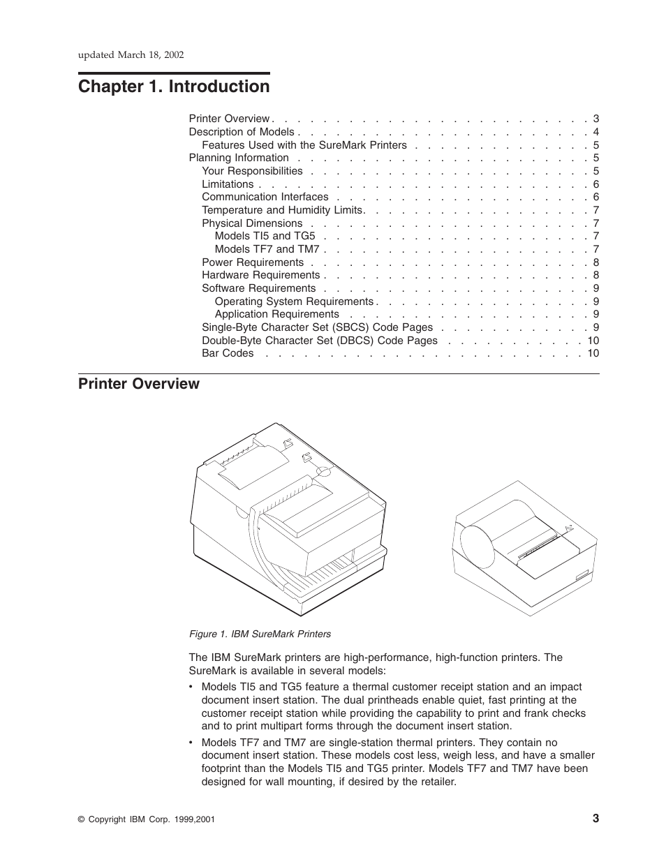 Chapter 1. introduction, Printer overview, Chapter 1. introduction printer overview | Chapter 1, “introduction, Ibm suremark printers | IBM TM7 User Manual | Page 27 / 210