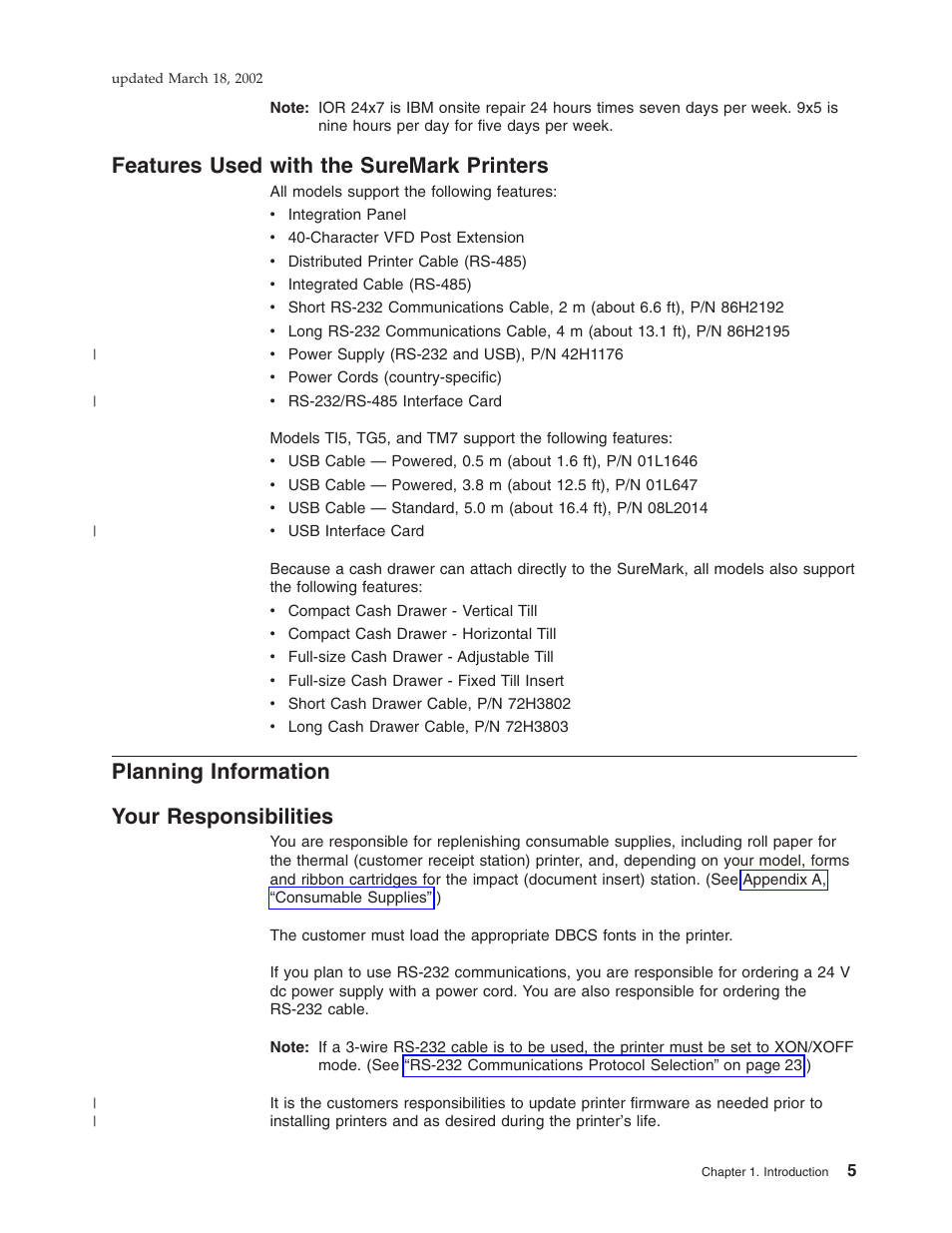 Features used with the suremark printers, Planning information, Your responsibilities | Features, Planning information your responsibilities | IBM TM7 User Manual | Page 29 / 210