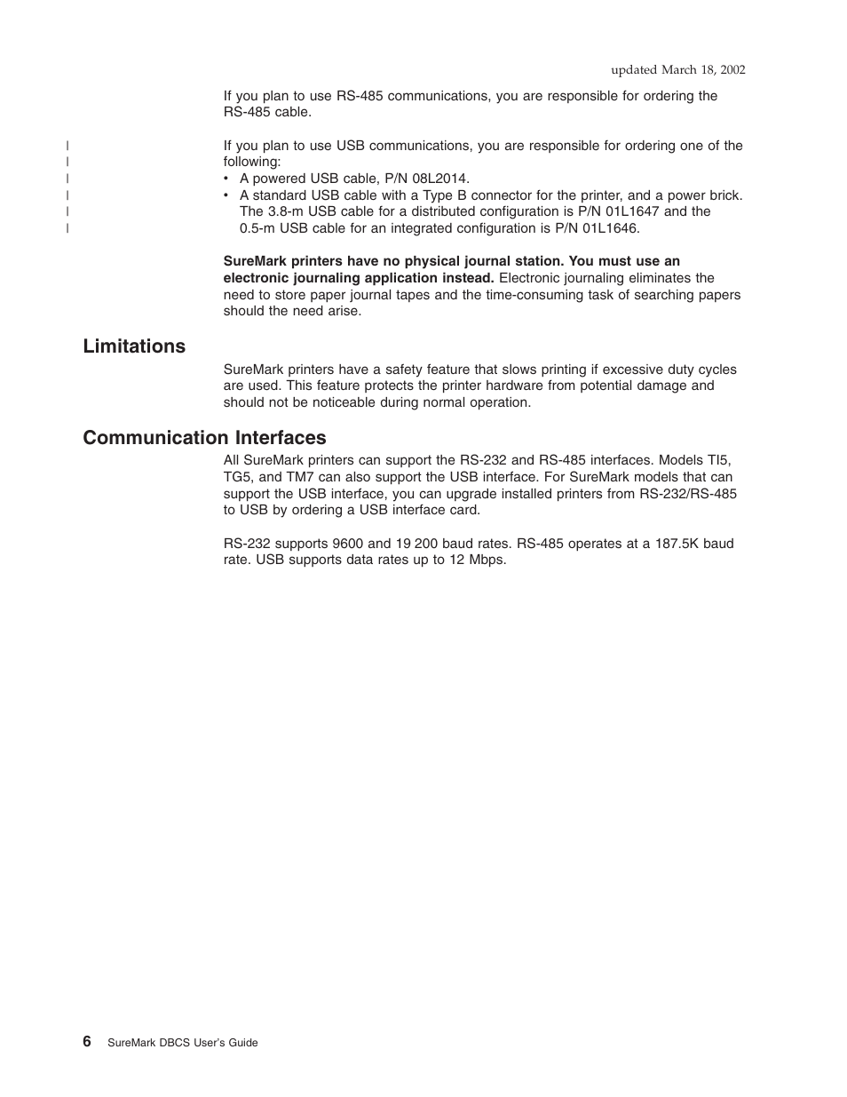 Limitations, Communication interfaces, Limitations communication interfaces | Communication | IBM TM7 User Manual | Page 30 / 210