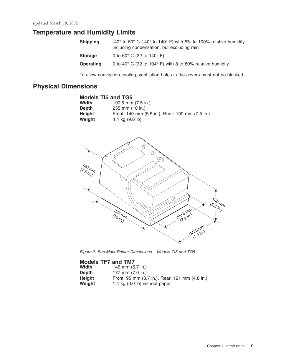 Temperature and humidity limits, Physical dimensions, Models ti5 and tg5 | Models tf7 and tm7, Suremark printer dimensions – models ti5 and tg5, Models ti5 and tg5 models tf7 and tm7 | IBM TM7 User Manual | Page 31 / 210