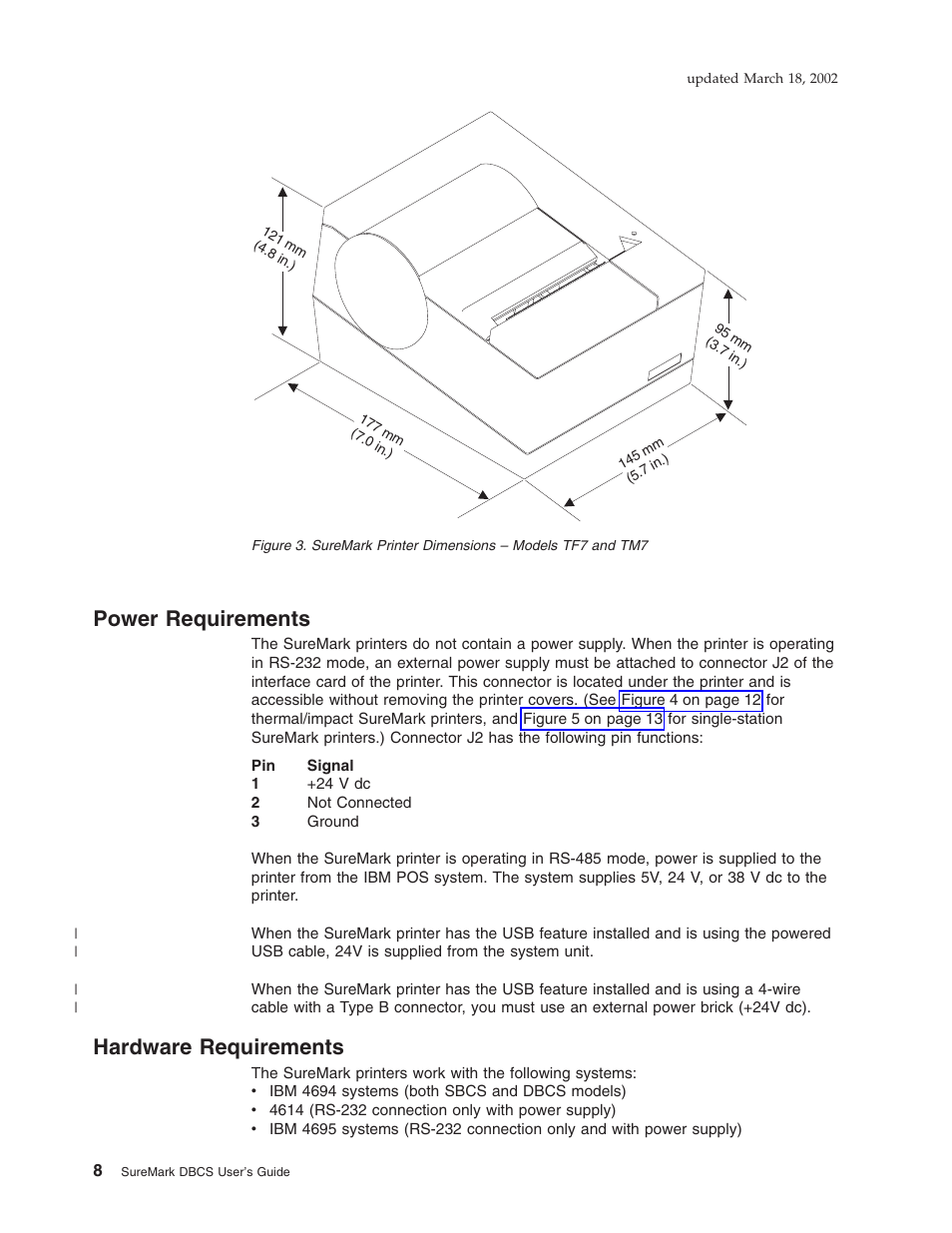 Power requirements, Hardware requirements, Power requirements hardware requirements | Suremark printer dimensions – models tf7 and tm7 | IBM TM7 User Manual | Page 32 / 210